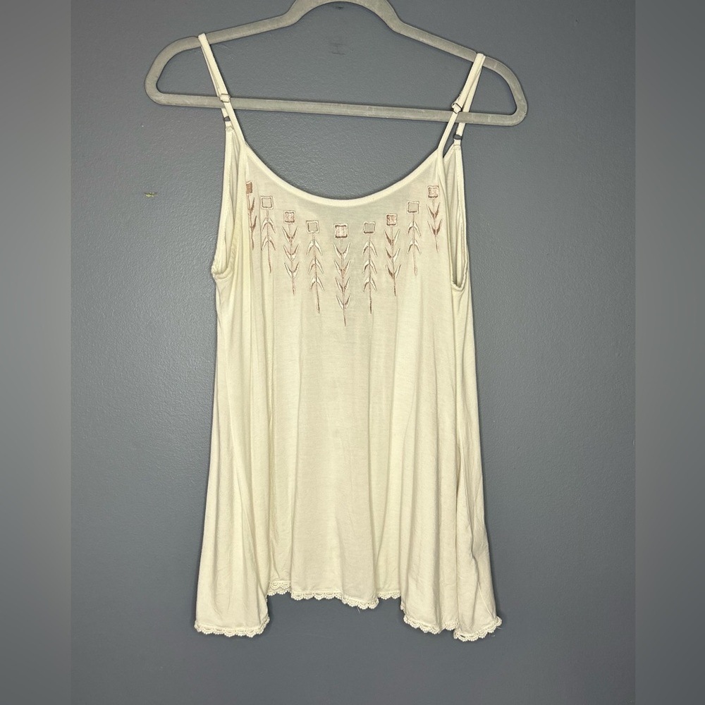 POL Tank Top Womens Large Ivory Embroidered Lace Up Open Back Babydoll Feminine - Picture 9 of 11
